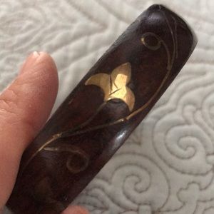 Vintage Handcrafted Wooden Bangle with Golden Floral Inlay 🌿Firm